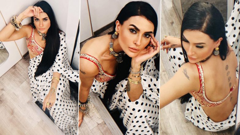 Pavitra Puniya Flaunts Her Sexy Back in Polka Dot Saree and Backless Blouse (View Pics)