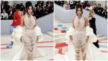 Met Gala 2023: Kim Kardashian Honours Late Karl Lagerfeld on Red Carpet in a Dress Covered With Pearls! (View Pics)