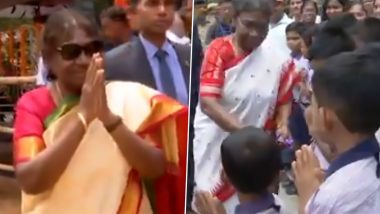 President Droupadi Murmu Receives Warm Reception by People of Odisha's Mayurbhanj After Arriving in Hometown (Watch Video)