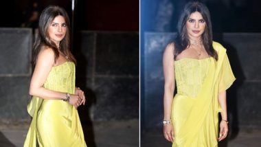 Priyanka Chopra Stuns in Vibrant Ruffled Saree for Parineeti Chopra and Raghav Chadha's Engagement in Delhi (Watch Video)