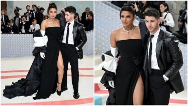 Met Gala 2023: Priyanka Chopra Stuns in Black Gown With Thigh-Slit and Regal Bell Sleeves; Citadel Star Poses With Hubby Nick Jonas on the Red Carpet (View Pics)