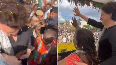 Karnataka Assembly Elections 2023: Priyanka Gandhi Vadra Steps Down From Vehicle, Brings Sanitation Worker and Congress Supporter K Rani With Her for Campaigning in Chintamani (Watch Video)