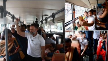 Rahul Gandhi Takes Selfies With Fellow Commuters on Bengaluru Metropolitan Transport Corporation (BMTC) Bus, Interacts With Them