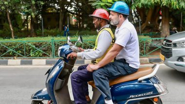 Rahul Gandhi Meets Delivery Executives of Swiggy, Zomato, Dunzo and Blinkit in Bengaluru, Rides Pillion on Delivery Boy's Scooter (See Pics and Video)