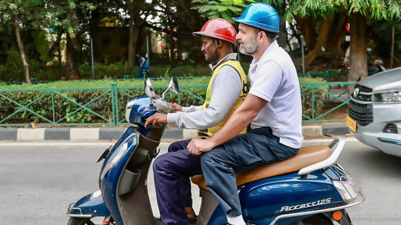 Rahul Gandhi Meets Delivery Executives of Swiggy, Zomato, Dunzo and Blinkit in Bengaluru, Rides Pillion on Delivery Boy's Scooter (See Pics and Video)