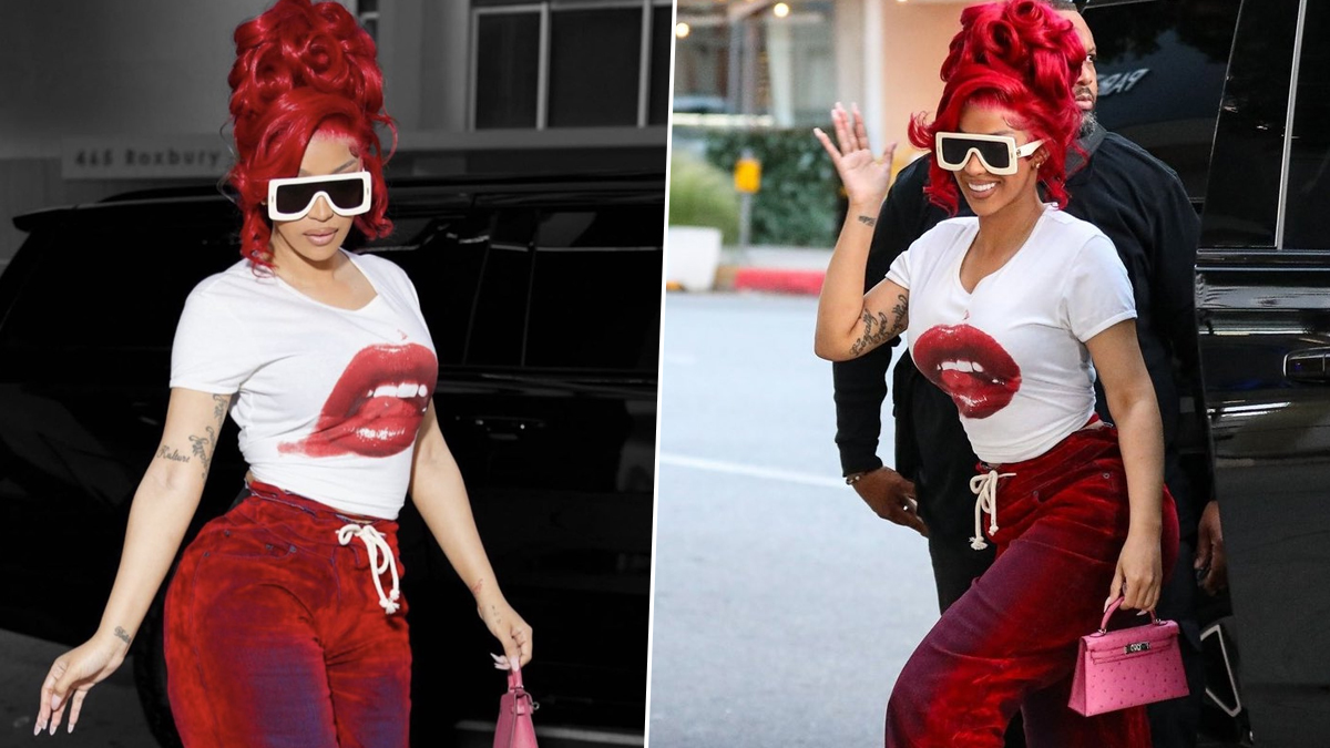 Cardi B: Printed Shirt, Red Pants