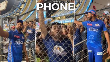 'Arre RO Bhai, Phone Toh Dete Jao!' Rohit Sharma Jokingly Walks Away With Fan's Phone After Clicking Selfie Post MI vs RR IPL 2023 Match (Watch Viral Video)