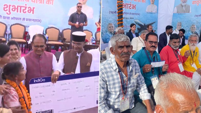 Madhya Pradesh CM Shivraj Singh Chouhan Flags Off Batch of 32 Senior Citizens on Pilgrimage to Uttar Pradesh's Prayagraj Under 'Mukhya Mantri Tirath Yatra Yojana' (See Pics)