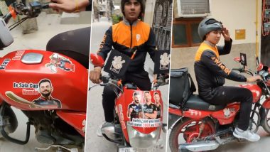 Biggest RCB Fan Found! Swiggy Delivery Executive Goes Viral for Covering His Bike With Royal Challengers Bangalore Stars' Stickers (Watch Video)