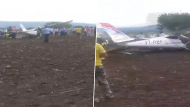 Training Aircraft Landing in Karnataka Video: Redbird Aircraft Makes Emergency Landing Near Sambra Airport in Belagavi, Pilots Sustain Minor Injuries