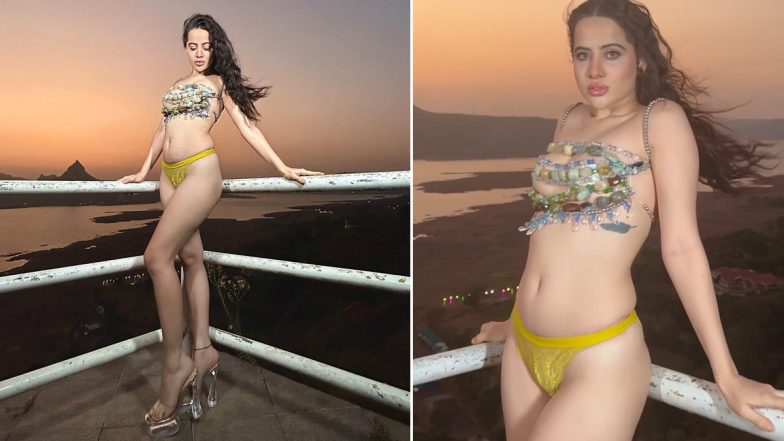 Uorfi Javed Hides Her Breast With Shiny Pebbles Top, Pairs It With Neon Bikini Bottom As She Flashes Her Hot Bod (View Pics and Video)