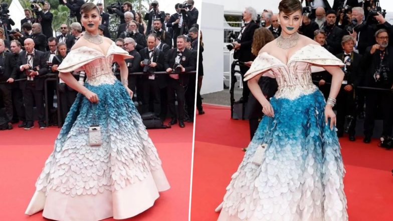 Urvashi Rautela at Cannes 2023! Actress Sports Blue Lips As She Walks the Red Carpet in Dramatic Gown (View Pics)