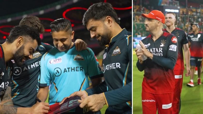 Virat Kohli Signs Autograph for Rashid Khan; Royal Challengers Bangalore Players Perform Lap of Honour at Chinnaswamy After RCB vs GT IPL 2023 Match (Watch Video)