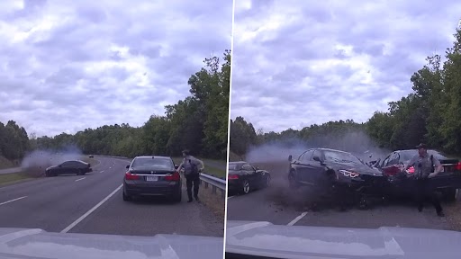 Car Crash Viral Video: Cop Narrowly Escapes From Being Hit by Out of Control Car in Fairfax County in US, Dashcam Captures Video of Freak Accident