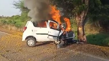 Car Blast in MP Viral Video: Four Burnt Alive After Four-Wheeler Rams Into Tree and Explodes in Madhya Pradesh's Harda