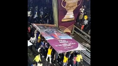 IPL 2023 Final: Fans Take Shelter Under Virat Kohli Hoarding at Narendra Modi Stadium Amid Rains in Ahmedabad, Picture Goes Viral