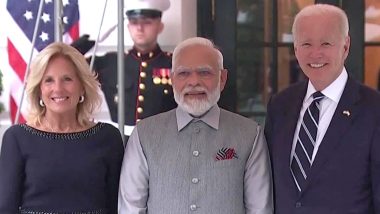 PM Modi Gets Warm Welcome by Joe Biden, Jill Biden Photos and Video: Prime Minister Narendra Modi Received by US President and First Lady at White House