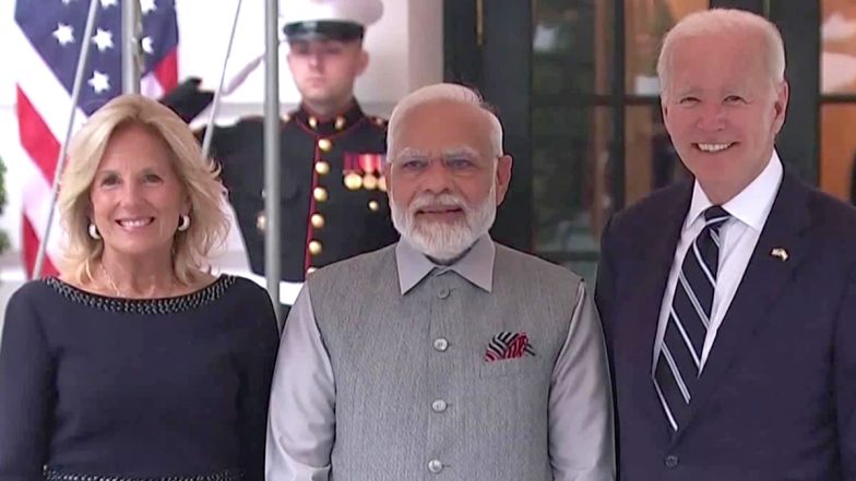 PM Modi Gets Warm Welcome by Joe Biden, Jill Biden Photos and Video: Prime Minister Narendra Modi Received by US President and First Lady at White House