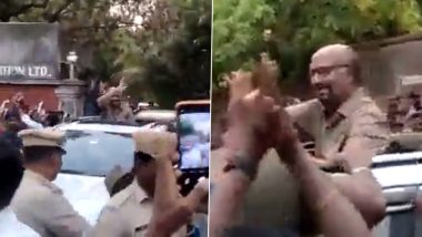 Lal Salaam: Rajinikanth Arrives in  Puducherry for Aishwarya Rajinikanth’s Film, Receives Warm Welcome From Fans (Watch Video)