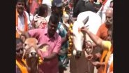 Karnataka: BJP Protests With Cows Against State Minister K Venkatesh&rsquo;s Statement on Cow Slaughter in Bengaluru (Watch Video)