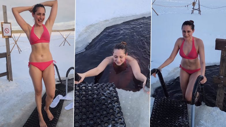 Pragya Jaiswal Shows Off Her Hot Toned Bod in Pink Bikini As She Dips Herself Into Freezing Water in Finland! (Watch Video)