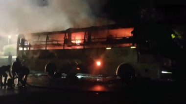 Andhra Pradesh Bus Fire Video: Private Bus Gutted in Fire Triggered by Technical Fault in Prakasam, Footage of Vehicle Engulfed in Flames Surfaces