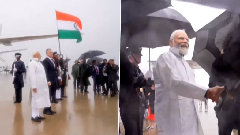 PM Modi Stands in Rain for Indian National Anthem Video: Prime Minister Narendra Modi Braves Rain as 'Jana Gana Mana' Played During Ceremonial Welcome in US