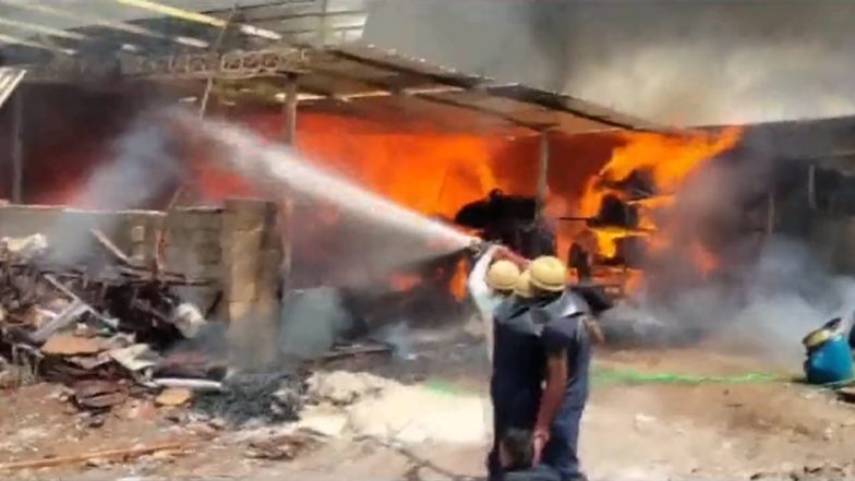 Gujarat Factory Fire Video: Massive Blaze Engulfs Furniture Factory in Rajkot, Clip Show Flames and Clouds of Smoke