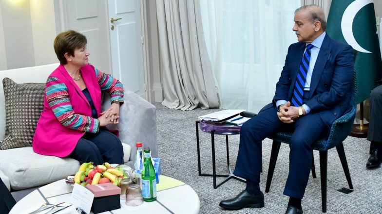 Pakistan PM Shehbaz Sharif Meets IMF Director Kristalina Georgieva in Last-Ditch Effort To Get Bailout (Watch Video)