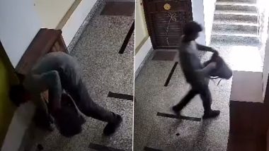 Swiggy Delivery Boy Stealing Shoes in Noida Video: Food Delivery Agent Steals Footwear From Shoe Rack Kept Outside House in Nirala Greenshire Society