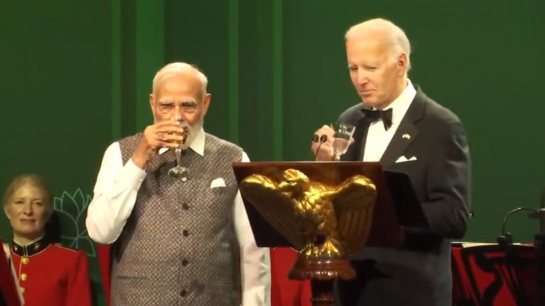 'Cheers!' PM Narendra Modi, US President Joe Biden Raise 'Non-Alcohol' Toast at White House State Dinner, Share Laugh on Joke (Watch Video)