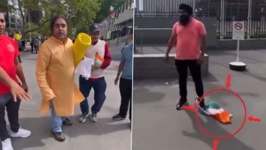 Indian Flag Insulted in US VIDEO! Khalistani Supporter Ties Tricolour to His Leg Near UN Headquarters, Disrespectful Clip Goes Viral on Twitter