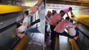 Gujarat Rains Today Video: College Bus Gets Stuck Under Bypass Due To Waterlogging in Kheda's Nadiad, Female Students Rescued Via Windows