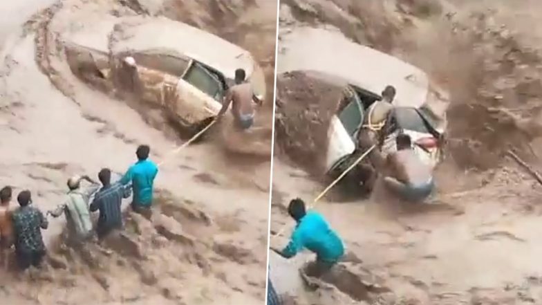 Haryana Rains: Woman Rescued After Heavy Downpour Sweeps Car Away in Panchkula, Video of Rescue Operation Surfaces Online