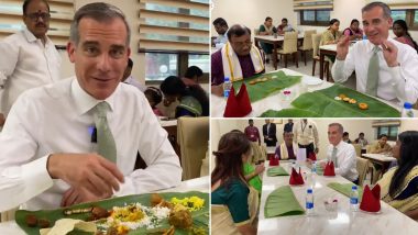 Eric Garcetti Relishes on South Indian Cuisine Video: US Ambassador to India Tries South Indian Thali on Banana Leaf, Says ‘So Impressed by Complexity of Delicious Delights’