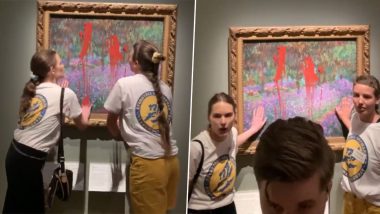 Claude Monet Painting Vandalised Video: Two Women Climate Protesters Throw Paint and Glue at French Artist’s Artwork in Swedish Museum