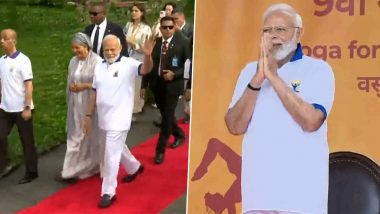 Yoga at UN Headquarters Video: PM Narendra Modi Arrives at UN HQ Lawns to Lead International Yoga Day 2023 Celebrations