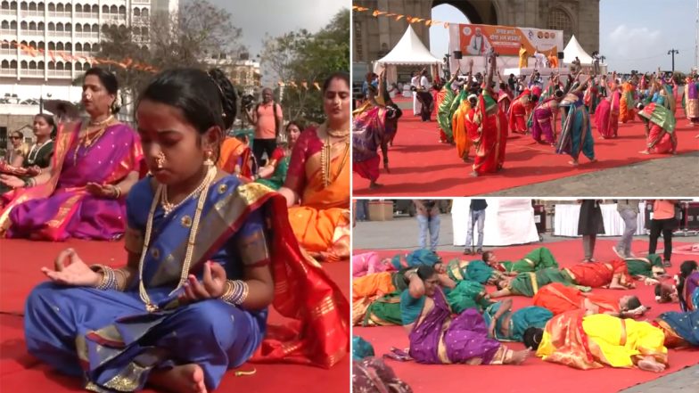 Yoga in Nauwari Saree in Mumbai Video: Women and Girls in Maharashtrian Traditional Outfit Perform Yoga Asanas at Gateway of India on International Yoga Day 2023