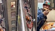 Pizza Delivery in New York Viral Video: Construction Worker Perfectly Catches Pizza Box Tossed by Delivery Guy From Adjacent Building (Watch)