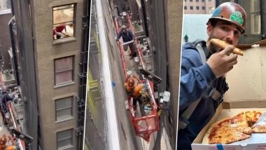 Pizza Delivery in New York Viral Video: Construction Worker Perfectly Catches Pizza Box Tossed by Delivery Guy From Adjacent Building (Watch)
