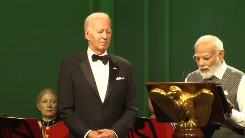 PM Modi State Dinner in US: Prime Minister Narendra Modi Applauds Role of Indian Americans, Says They Strengthened India-US Relationship (Watch Video)