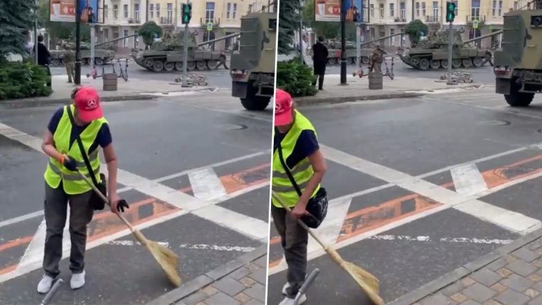 'Soldier Is Never Off Duty': Sweepers Show Up to Work Despite War-Like Situation in Rostov, Clean Streets Amid Ongoing Clashes Between Wagner Group and Russian Military (Watch Videos)