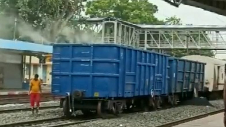 Odisha Train Fire Video: Compartment of Stationary Goods Train Catches Fire in Balasore