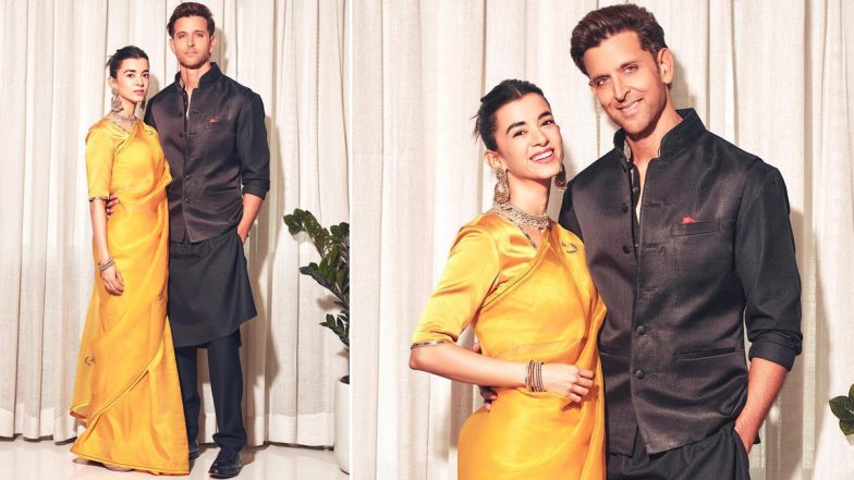 Hrithik Roshan and Saba Azad's Spellbinding Chemistry Shines in Yellow Saree and Black Sherwani (View Pics)