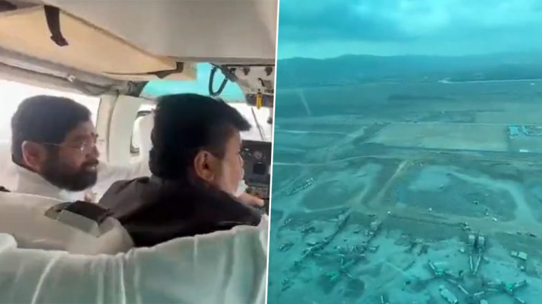 Maharashtra CM Eknath Shinde, Devendra Fadnavis Conduct Aeriel Inspection of Navi Mumbai International Airport (Watch Video)