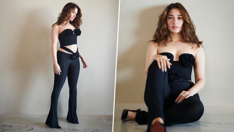 Tamannaah Bhatia Slays in Black Sleeveless Top and Cut-Out Waist Flared Pants (View Pics)