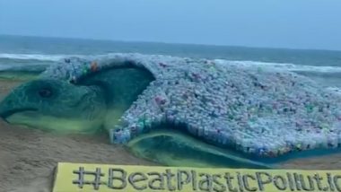 World Environment Day 2023: Sand Artist Sudarsan Pattnaik Creates Turtle Sculpture Using of 2320 Plastic Bottles on Odisha’s Puri Beach (Watch Video)
