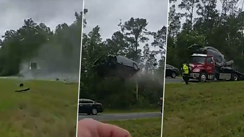 US Car Crash Video: Four-Wheeler Flies Through Air After Hitting Tow Truck Ramp in Georgia, Driver Miraculously Survives Horrific Accident