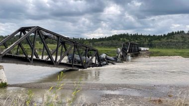 US Bridge Collapse: Seven Freight Train Cars Plunge Into Yellowstone River After Montana Bridge Collapses (Watch Video)