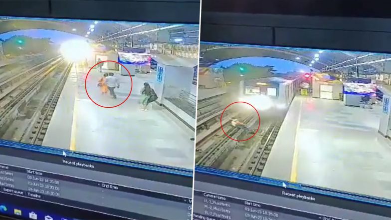 Kolkata Metro Suicide Video: Man Lifts Wife From Behind and Jumps in Front of Moving Train at Noapara, Both Survive; Horrifying CCTV Footage Goes Viral